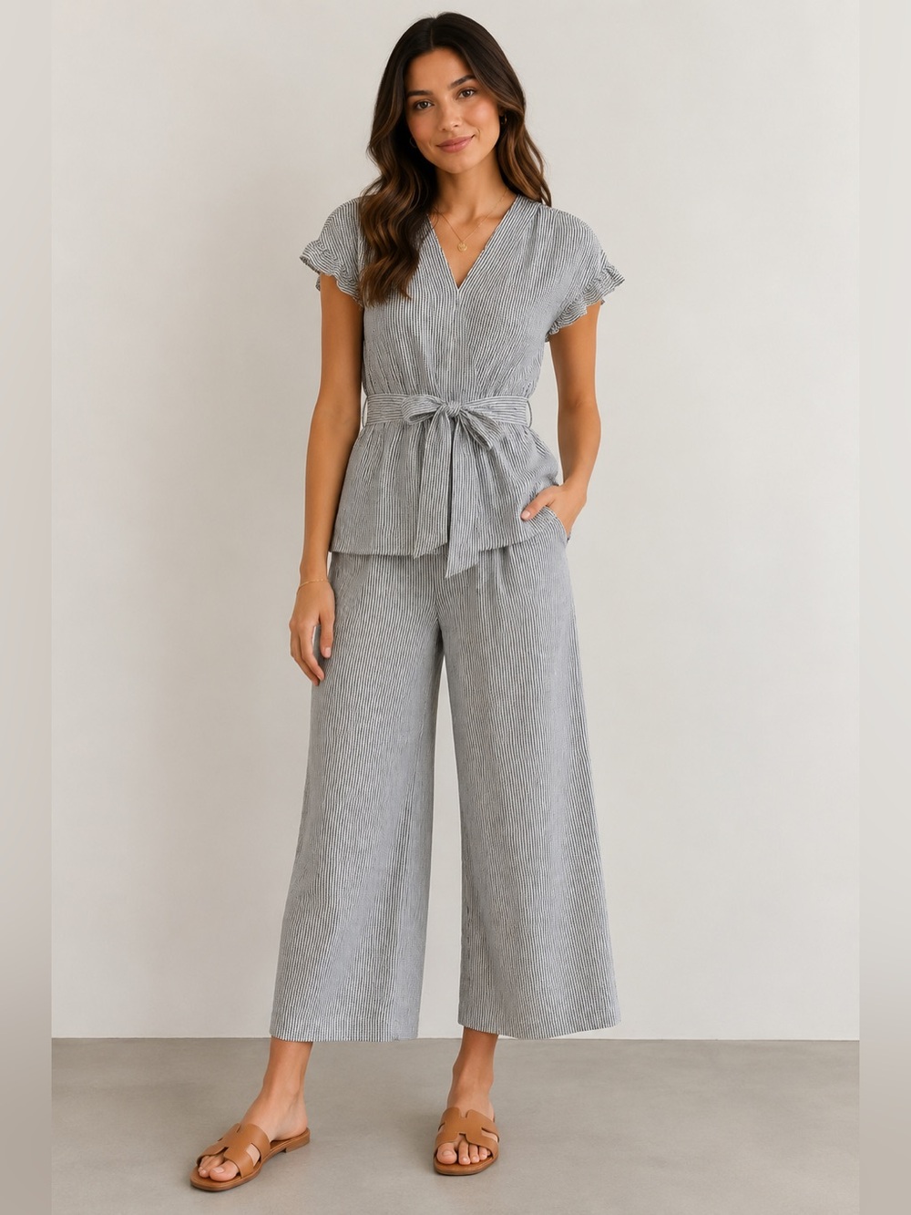 Max Studio Matching Set | Tie Front Top & Wide Leg Crop Pants | Size Large